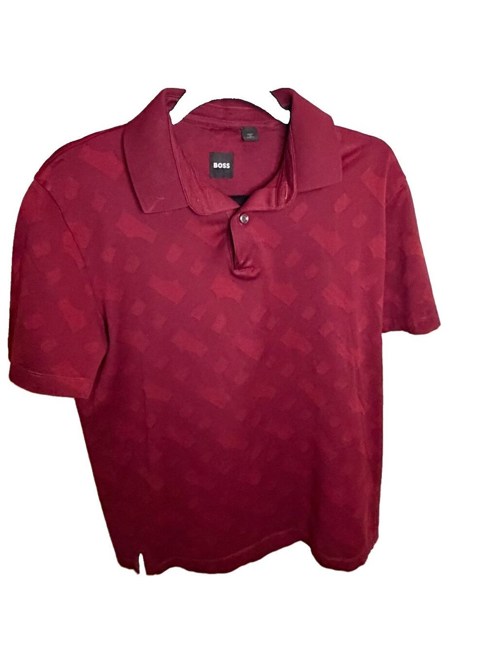 BOSS Hugo Boss Mens Burgundy Polo Shirt Tonal Geometric Pattern Short Sleeve